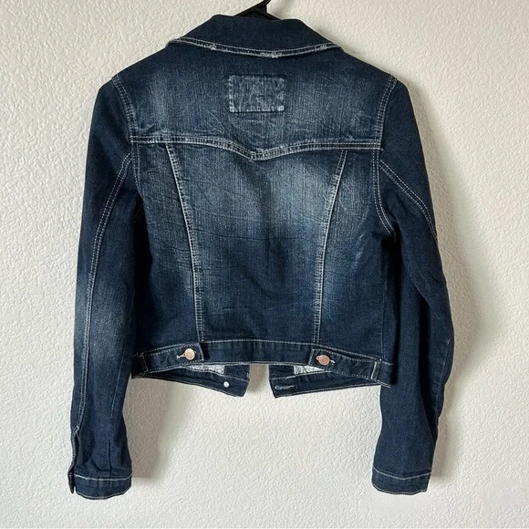 Vanity Dark Blue Distressed Denim Cropped Button Up Small Jean Jacket for Women - Picture 2 of 10